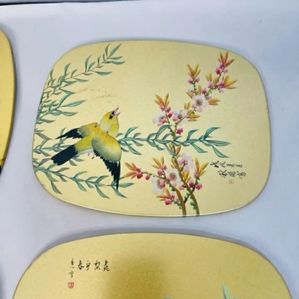 4 VTG Asian Oriole Bird Cherry Blossom Gold Serving Coaster Trivet Tin Cork Very